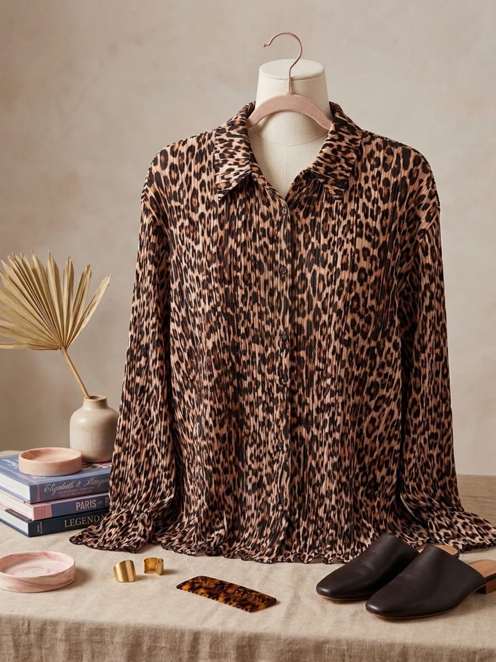 Good American Pleated Leopard-Print flowy shirt - Beige & Black